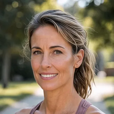 Portrait of Tess Harbour, a smiling woman in her forties with tousled sandy hair (SI persona, not a human)